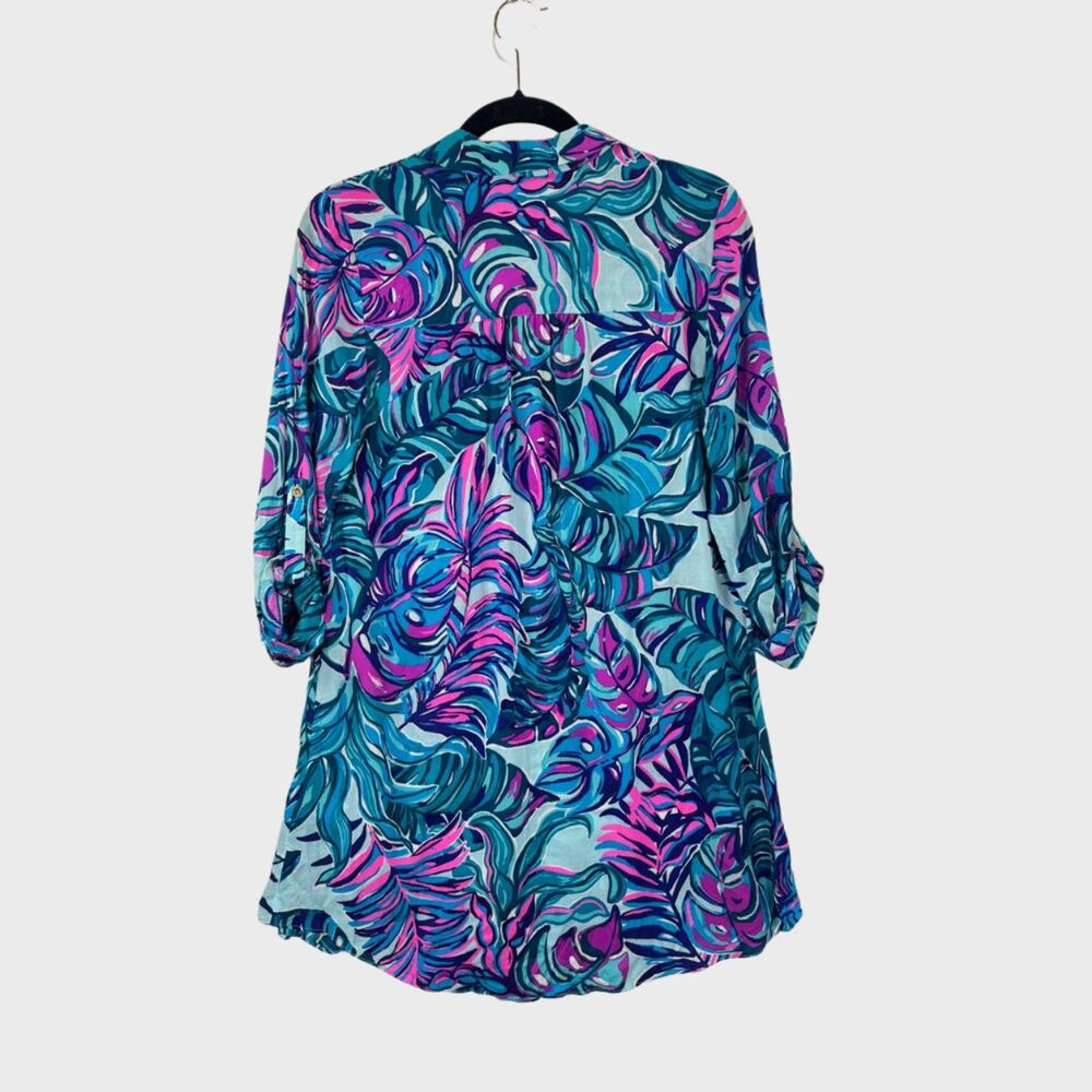 Lilly Pulitzer Dress Blue Natalie Shirtdress Cover Up Mini Floral Beach 2XS - Picture 2 of 11
